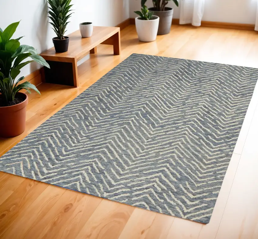 Indigo and Ivory Wool Chevron Area Rug Photo 1