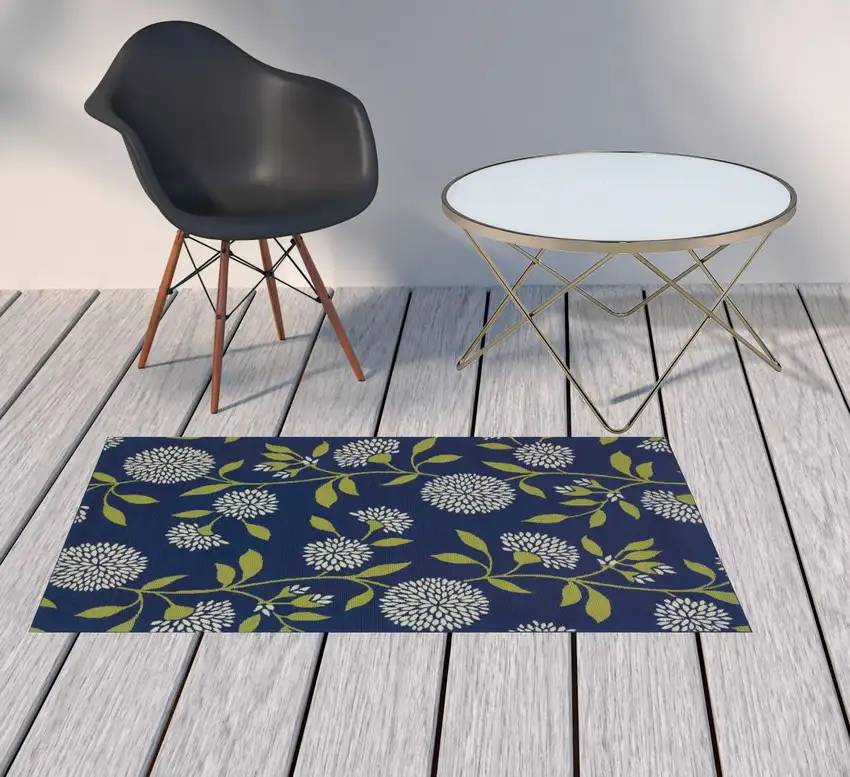Indigo and Lime Green Floral Indoor Outdoor Area Rug Photo 4