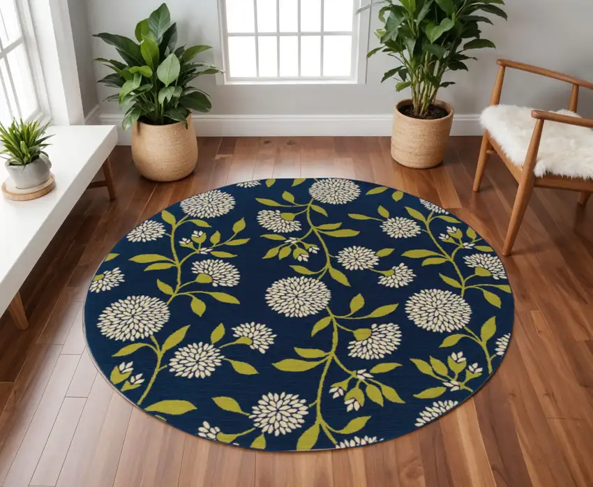 8' Blue And Green Round Floral Indoor Outdoor Area Rug Photo 2