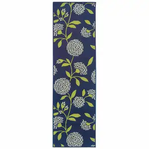 Photo of Indigo and Lime Green Floral Indoor or Outdoor Runner Rug