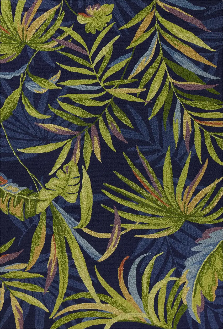 Ink Blue Hand Hooked UV Treated Oversized Tropical Leaves Indoor Outdoor Accent Rug Photo 1