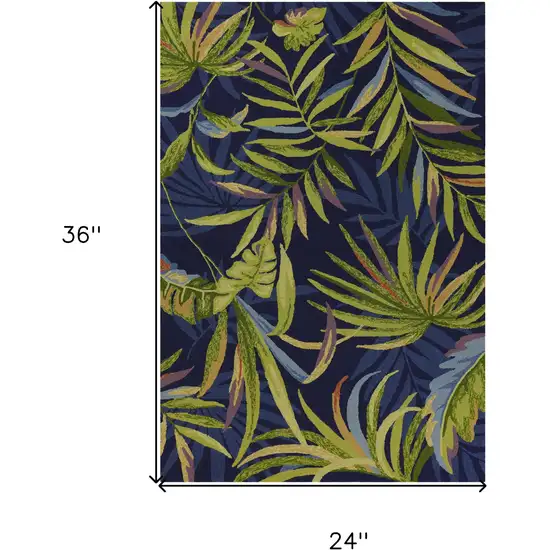 2'X3' Ink Blue Hand Hooked Uv Treated Oversized Tropical Leaves Indoor Outdoor Accent Rug Photo 9