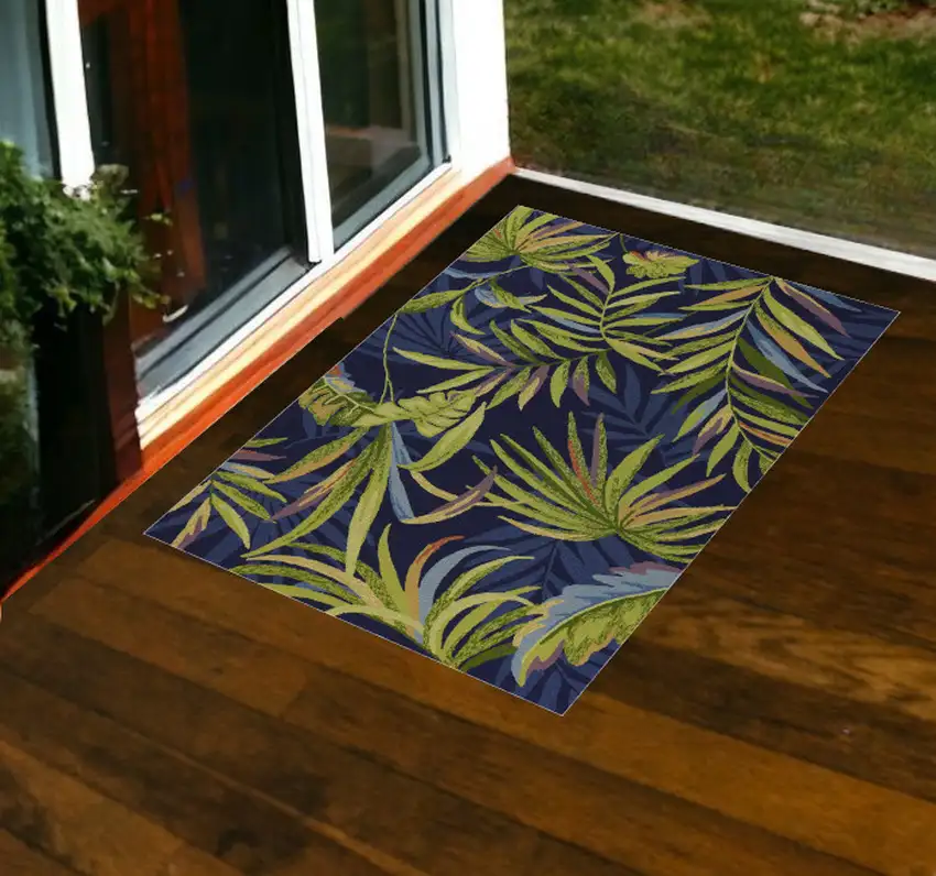 3'X5' Ink Blue Hand Hooked Uv Treated Oversized Tropical Leaves Indoor Outdoor Area Rug Photo 1