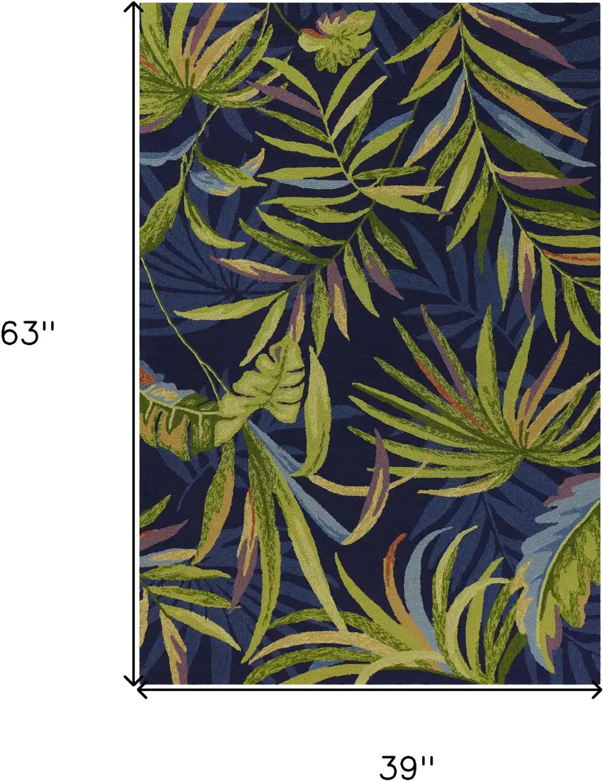 3'X5' Ink Blue Hand Hooked Uv Treated Oversized Tropical Leaves Indoor Outdoor Area Rug Photo 9
