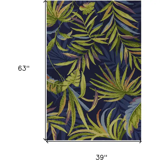 3'X5' Ink Blue Hand Hooked Uv Treated Oversized Tropical Leaves Indoor Outdoor Area Rug Photo 9