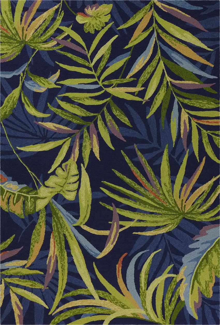 Ink Blue Hand Hooked UV Treated Oversized Tropical Leaves Indoor Outdoor Area Rug Photo 1