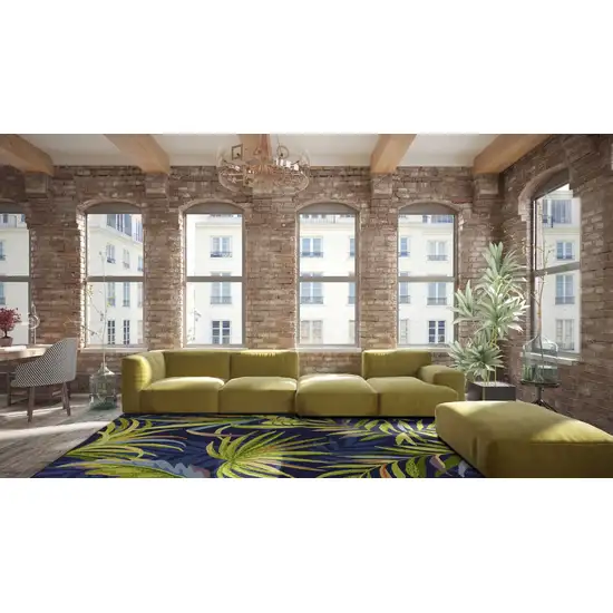 Ink Blue Hand Hooked UV Treated Oversized Tropical Leaves Indoor Outdoor Area Rug Photo 4