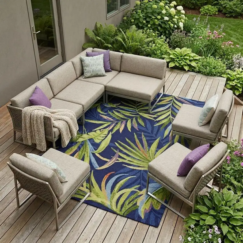 Blue Floral Indoor Outdoor Area Rug Photo 1