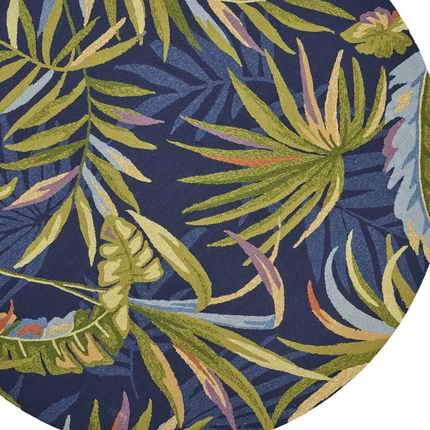 8' Ink Blue Hand Hooked Uv Treated Oversized Tropical Leaves Round Indoor Outdoor Area Rug Photo 6