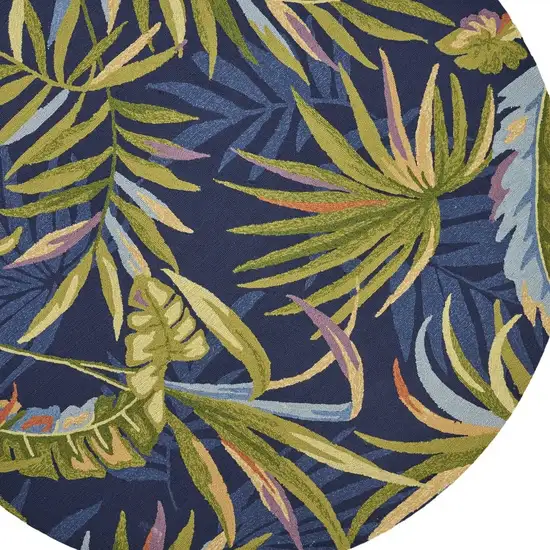 8' Ink Blue Hand Hooked Uv Treated Oversized Tropical Leaves Round Indoor Outdoor Area Rug Photo 6