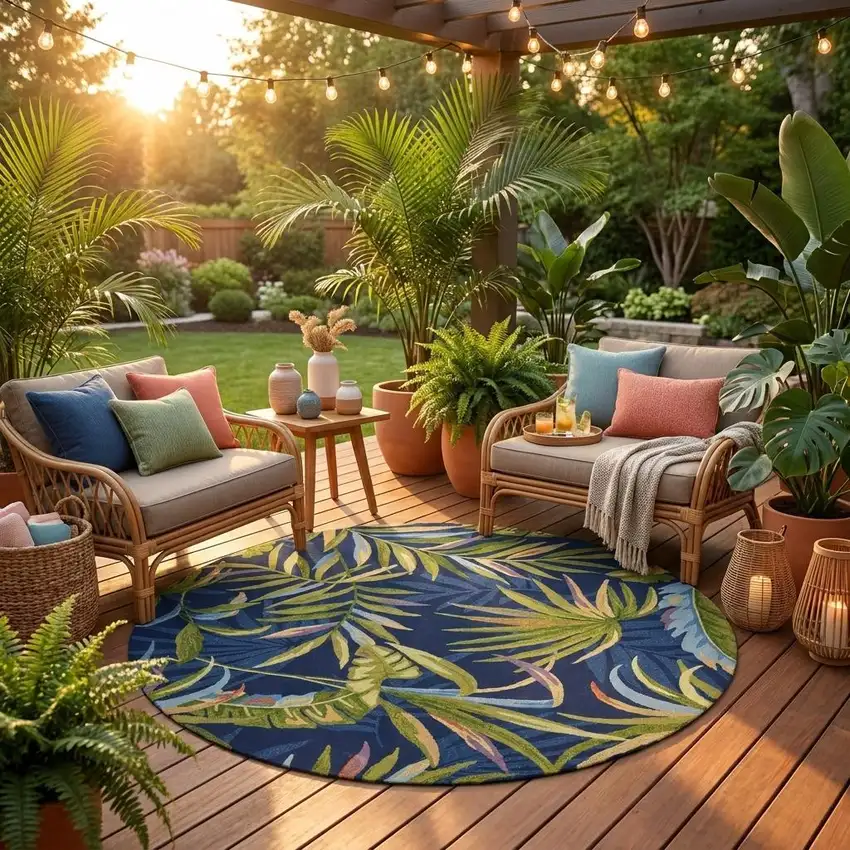 8' Blue Round Floral Indoor Outdoor Area Rug Photo 1