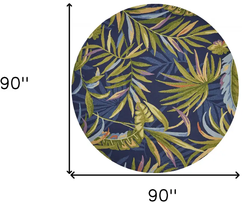 8' Ink Blue Hand Hooked Uv Treated Oversized Tropical Leaves Round Indoor Outdoor Area Rug Photo 3