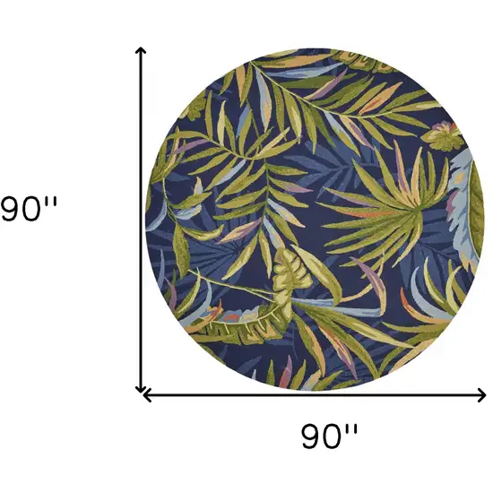 8' Ink Blue Hand Hooked Uv Treated Oversized Tropical Leaves Round Indoor Outdoor Area Rug Photo 3