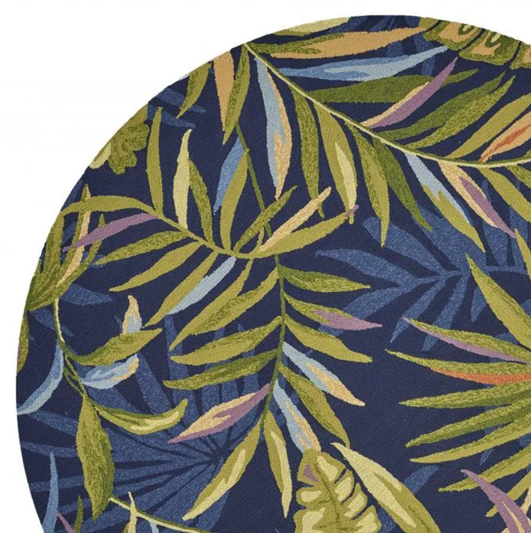 Ink Blue Hand Hooked UV Treated Oversized Tropical Leaves Round Indoor Outdoor Area Rug Photo 2