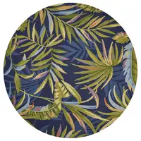 Photo of Ink Blue Hand Hooked UV Treated Oversized Tropical Leaves Round Indoor Outdoor Area Rug