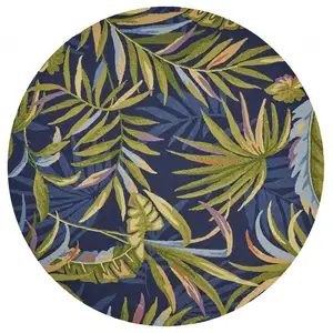 Photo of Ink Blue Hand Hooked UV Treated Oversized Tropical Leaves Round Indoor Outdoor Area Rug