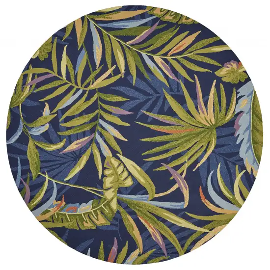 Ink Blue Hand Hooked UV Treated Oversized Tropical Leaves Round Indoor Outdoor Area Rug Photo 1