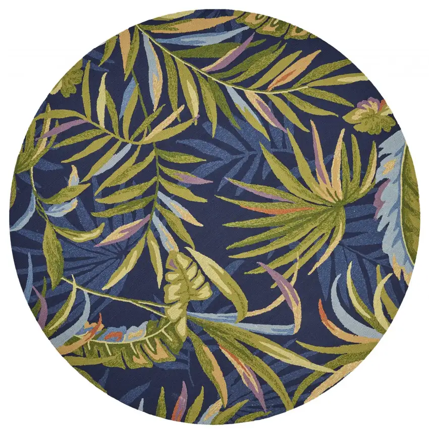 8' Ink Blue Hand Hooked Uv Treated Oversized Tropical Leaves Round Indoor Outdoor Area Rug Photo 2