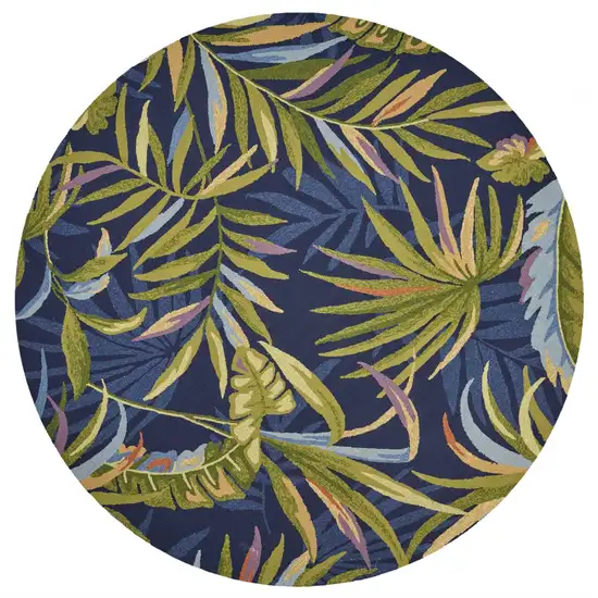 8' Ink Blue Hand Hooked Uv Treated Oversized Tropical Leaves Round Indoor Outdoor Area Rug Photo 2