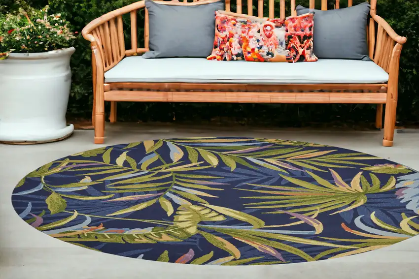 8' Ink Blue Hand Hooked Uv Treated Oversized Tropical Leaves Round Indoor Outdoor Area Rug Photo 1