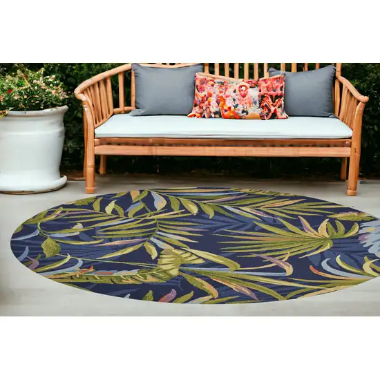 8' Ink Blue Hand Hooked Uv Treated Oversized Tropical Leaves Round Indoor Outdoor Area Rug Photo 1