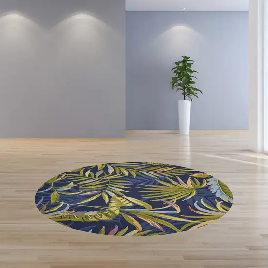 Ink Blue Hand Hooked UV Treated Oversized Tropical Leaves Round Indoor Outdoor Area Rug Photo 3
