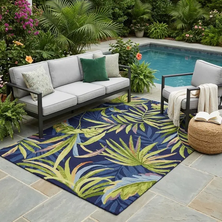 Blue Floral Indoor Outdoor Area Rug Photo 1
