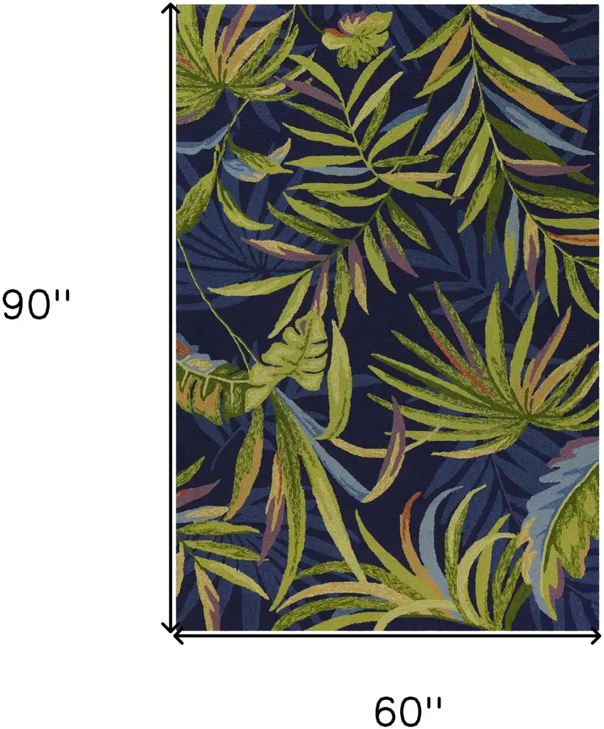 5' X 7' Ink Blue Tropical Leaves Uv Treated Indoor Outdoor Area Rug Photo 3