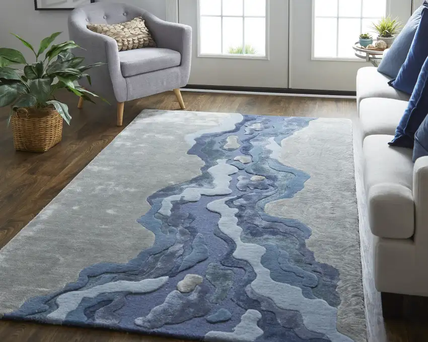 Ivor Gray And Blue Wool Abstract Tufted Handmade Area Rug Photo 7