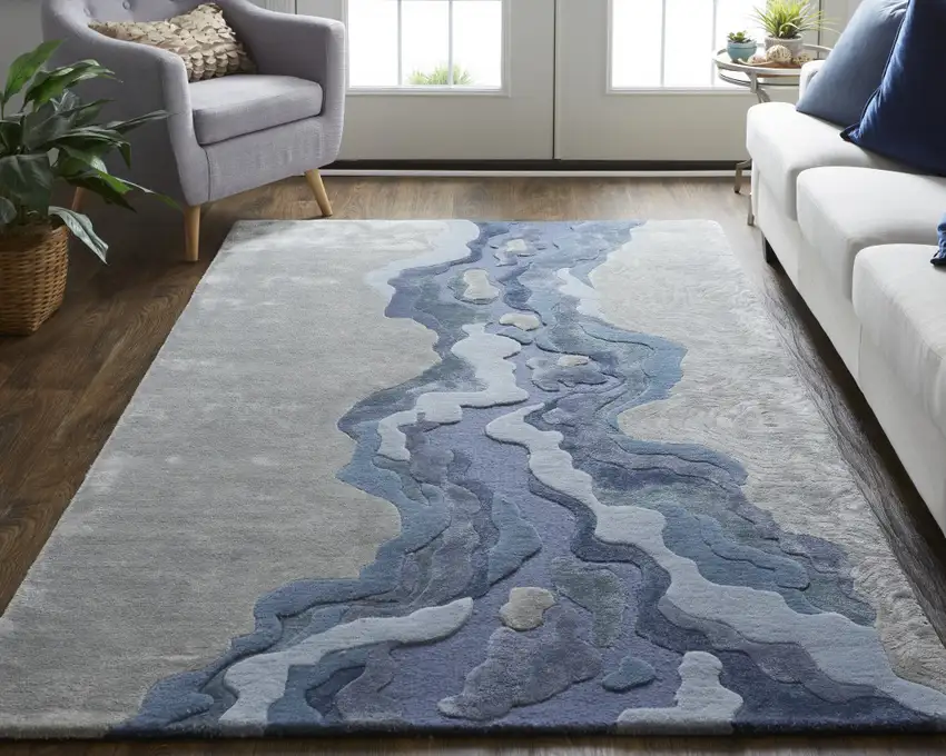 Ivor Gray And Blue Wool Abstract Tufted Handmade Area Rug Photo 6