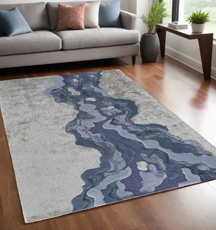 Blue and Gray Wool Abstract Hand Tufted Area Rug Photo 1