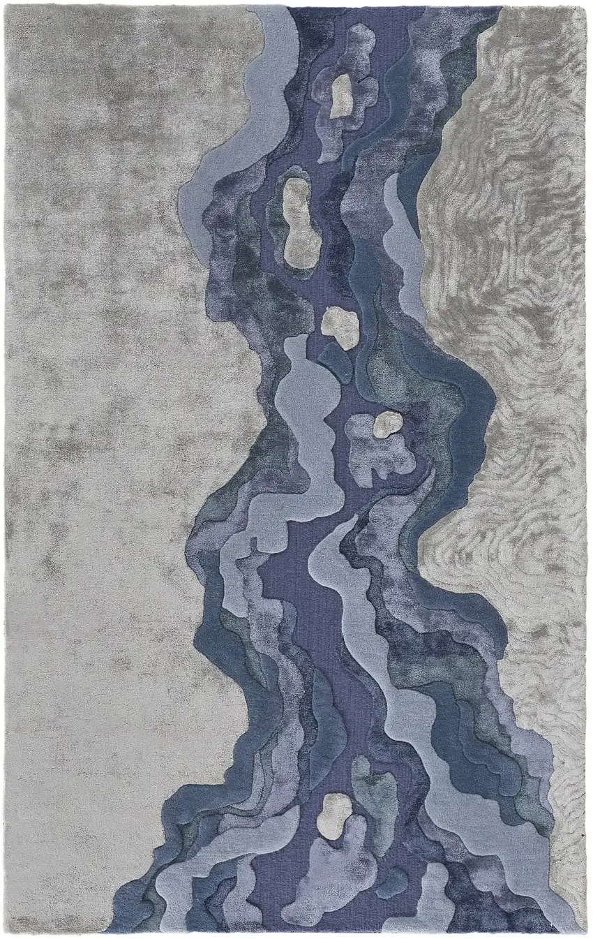 Ivor Gray And Blue Wool Abstract Tufted Handmade Area Rug Photo 1