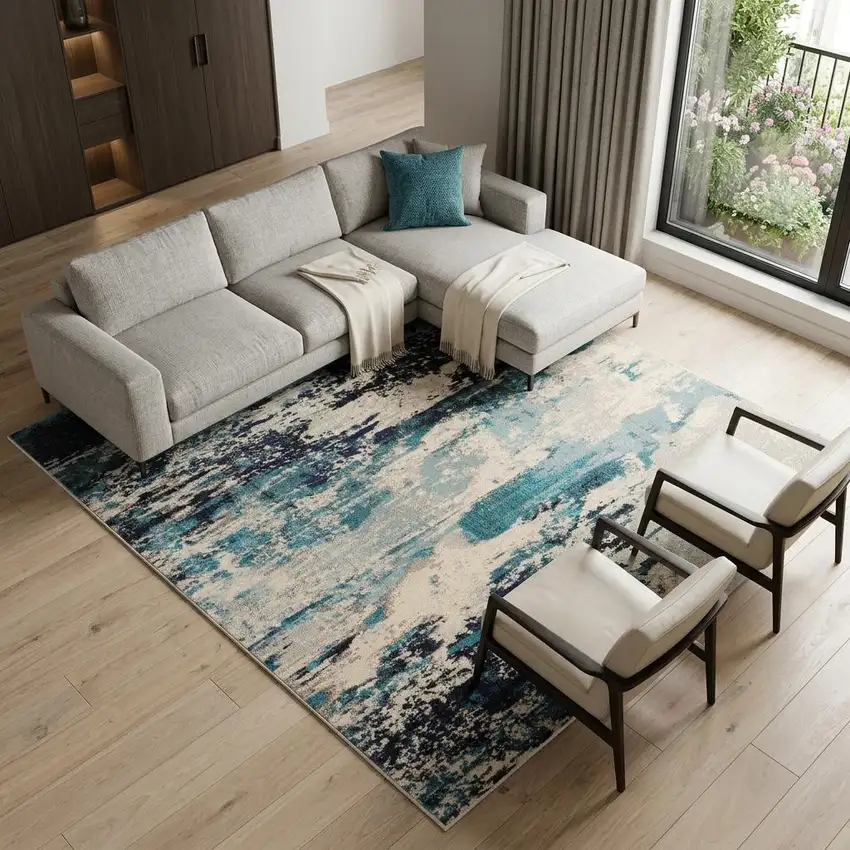 Ivory Abstract Power Loom Area Rug Photo 1