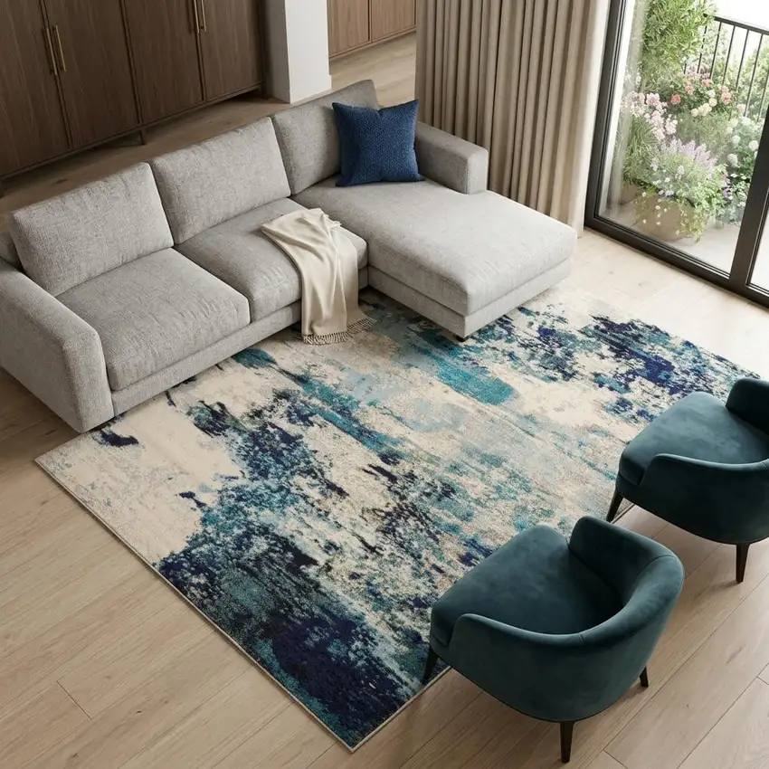Ivory Abstract Power Loom Area Rug Photo 1