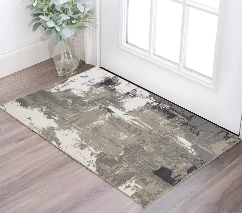 Ivory Black and Gray Abstract Power Loom Area Rug Photo 1
