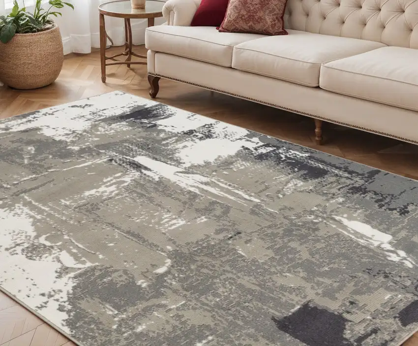 Ivory Black and Gray Abstract Power Loom Area Rug Photo 1