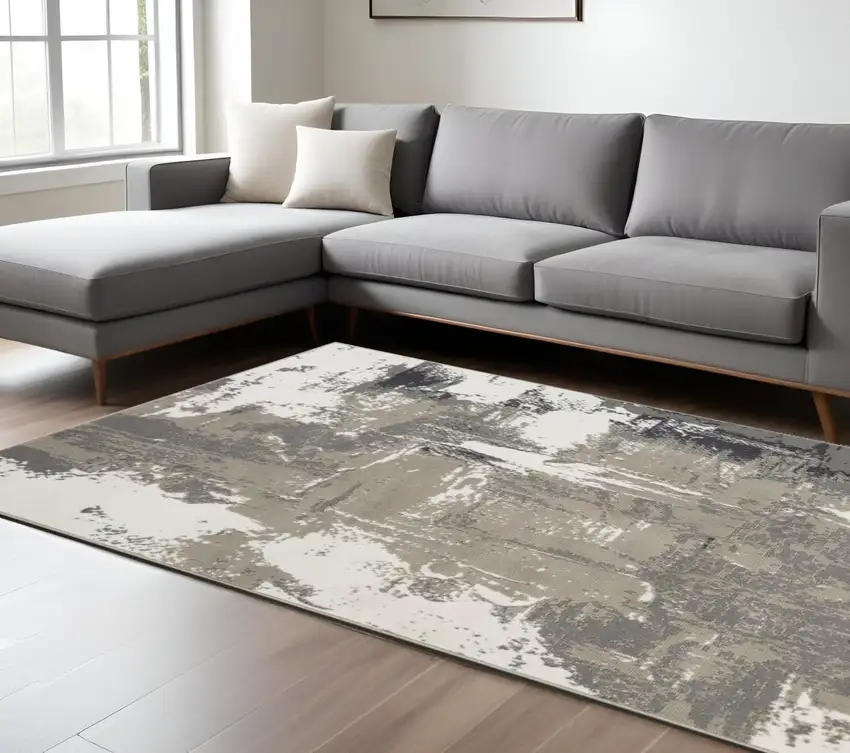Ivory Black and Gray Abstract Power Loom Area Rug Photo 1