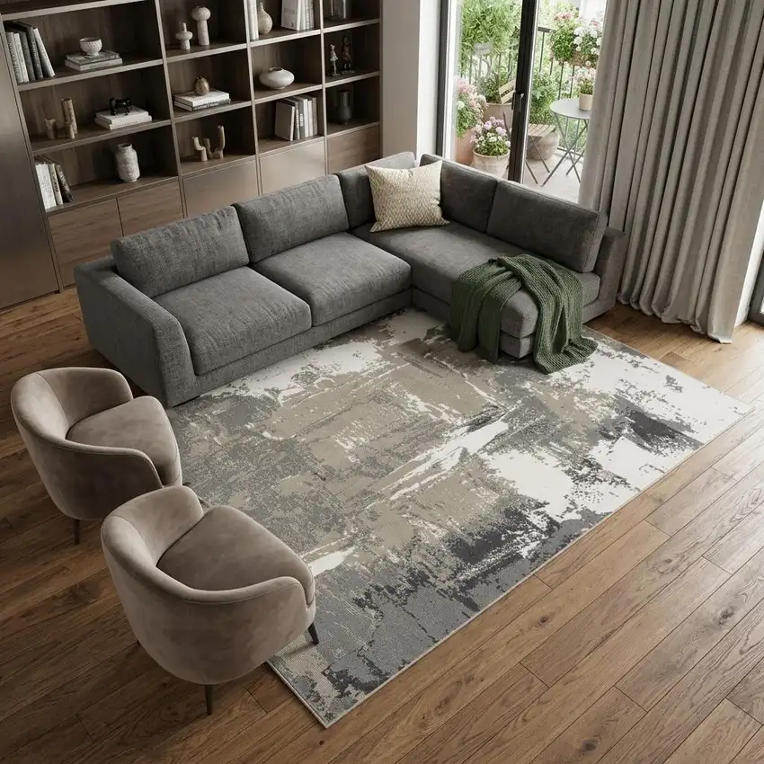 Ivory Black and Gray Abstract Power Loom Area Rug Photo 1