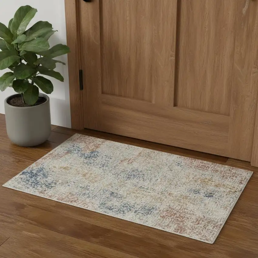 Ivory Abstract Power Loom Distressed Non Skid Area Rug Photo 1