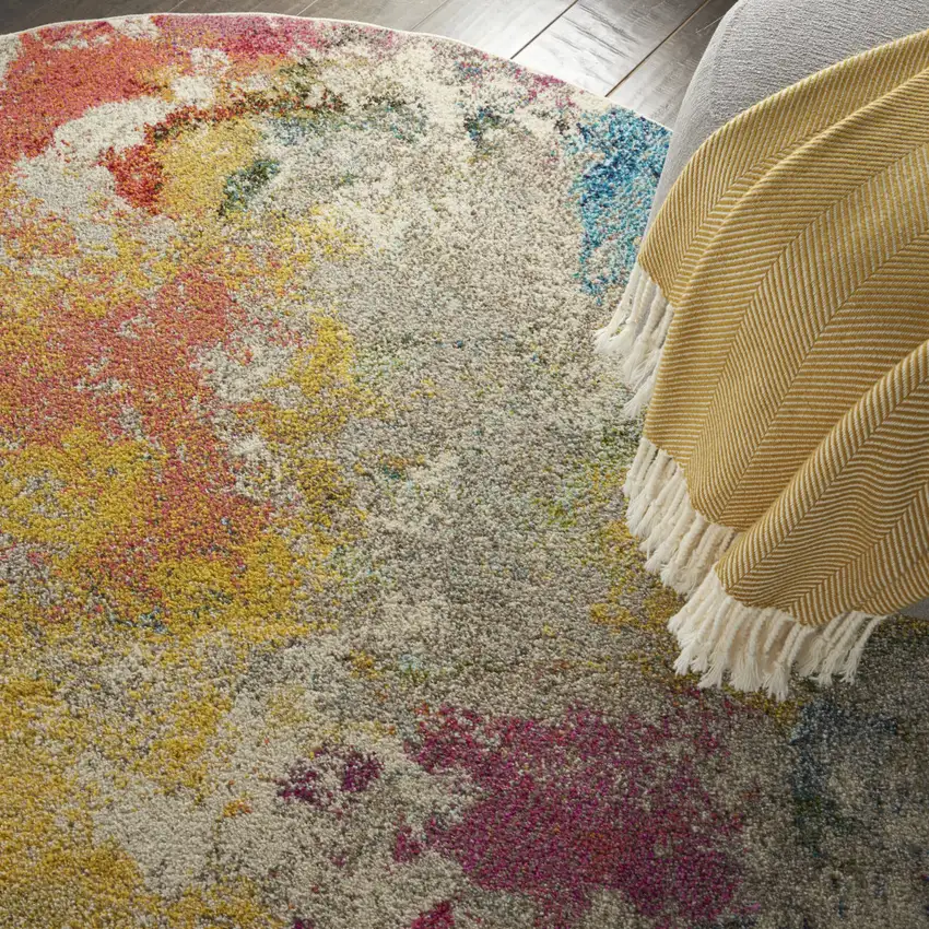 4' Ivory Abstract Round Rug Photo 9