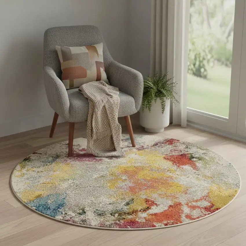 4' Ivory Abstract Round Rug Photo 1