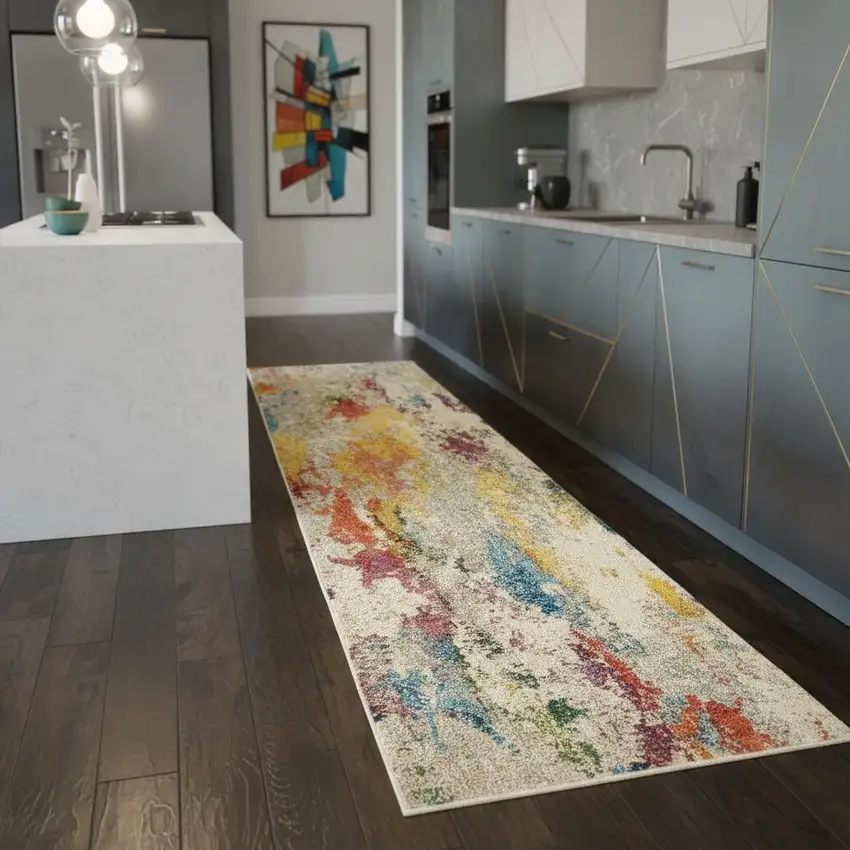 2' X 8' Ivory Abstract Power Loom Non Skid Runner Rug Photo 1