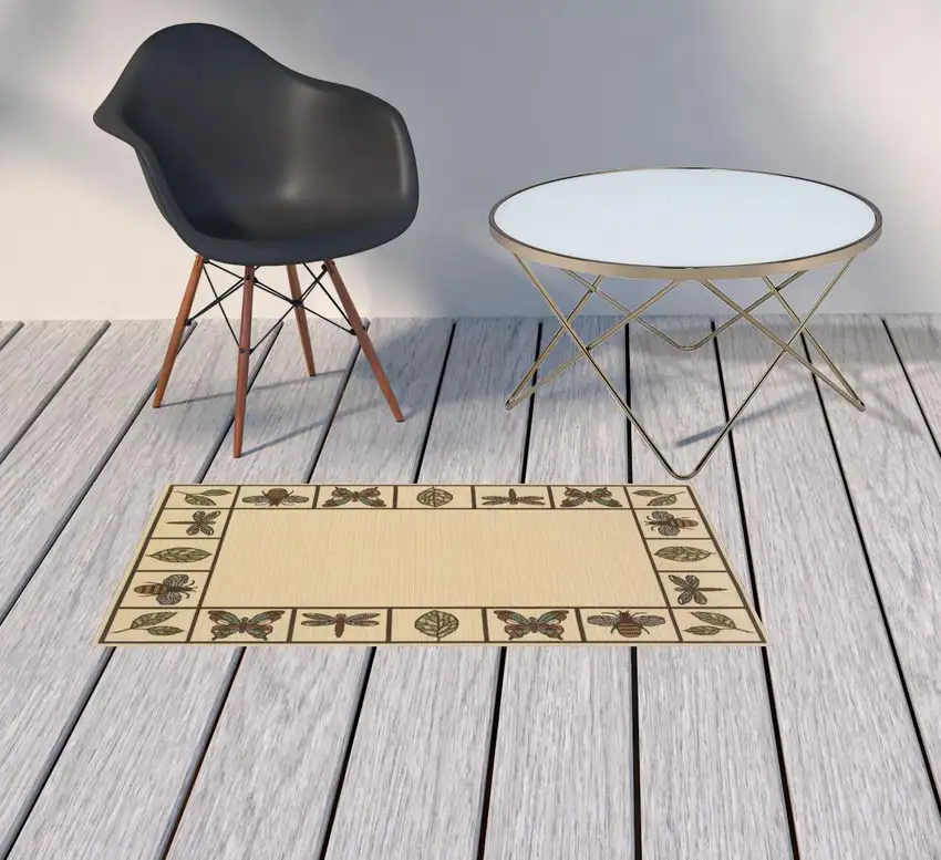 Ivory Abstract Stain Resistant Indoor Outdoor Area Rug Photo 2