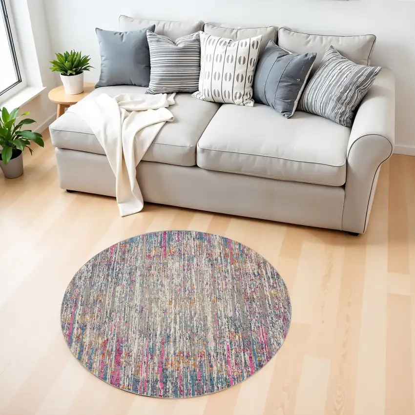 4' Ivory And Blue Abstract Round Rug Photo 2
