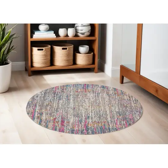 5' Ivory And Blue Abstract Round Rug Photo 2