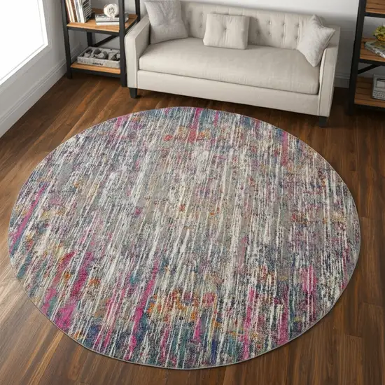 8' Ivory And Blue Abstract Round Rug Photo 1