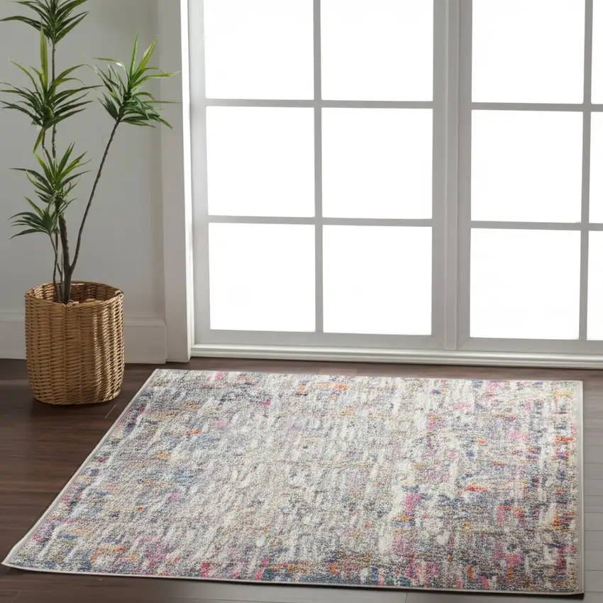 6' Ivory And Blue Abstract Runner Rug Photo 2