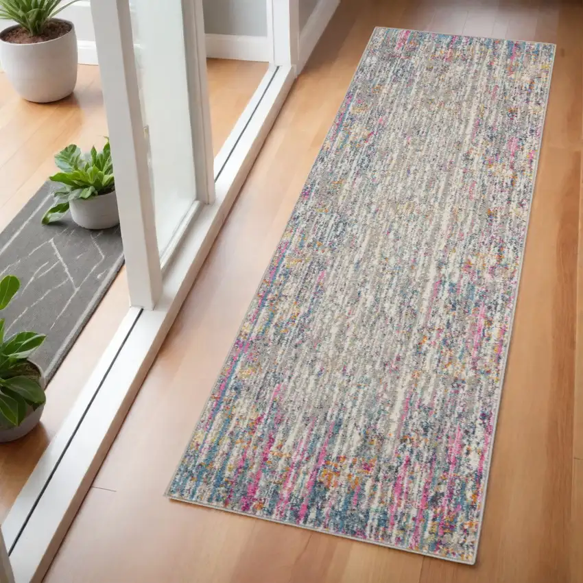 6' Ivory And Blue Abstract Runner Rug Photo 2