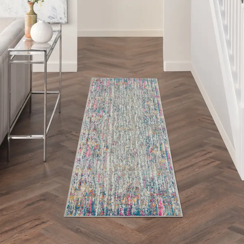 8' Ivory And Blue Abstract Runner Rug Photo 5
