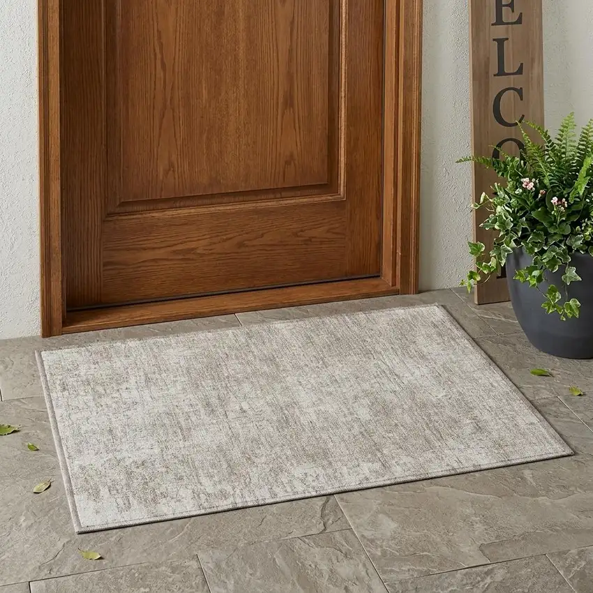 Ivory Abstract Washable Non Skid Indoor Outdoor Area Rug Photo 1